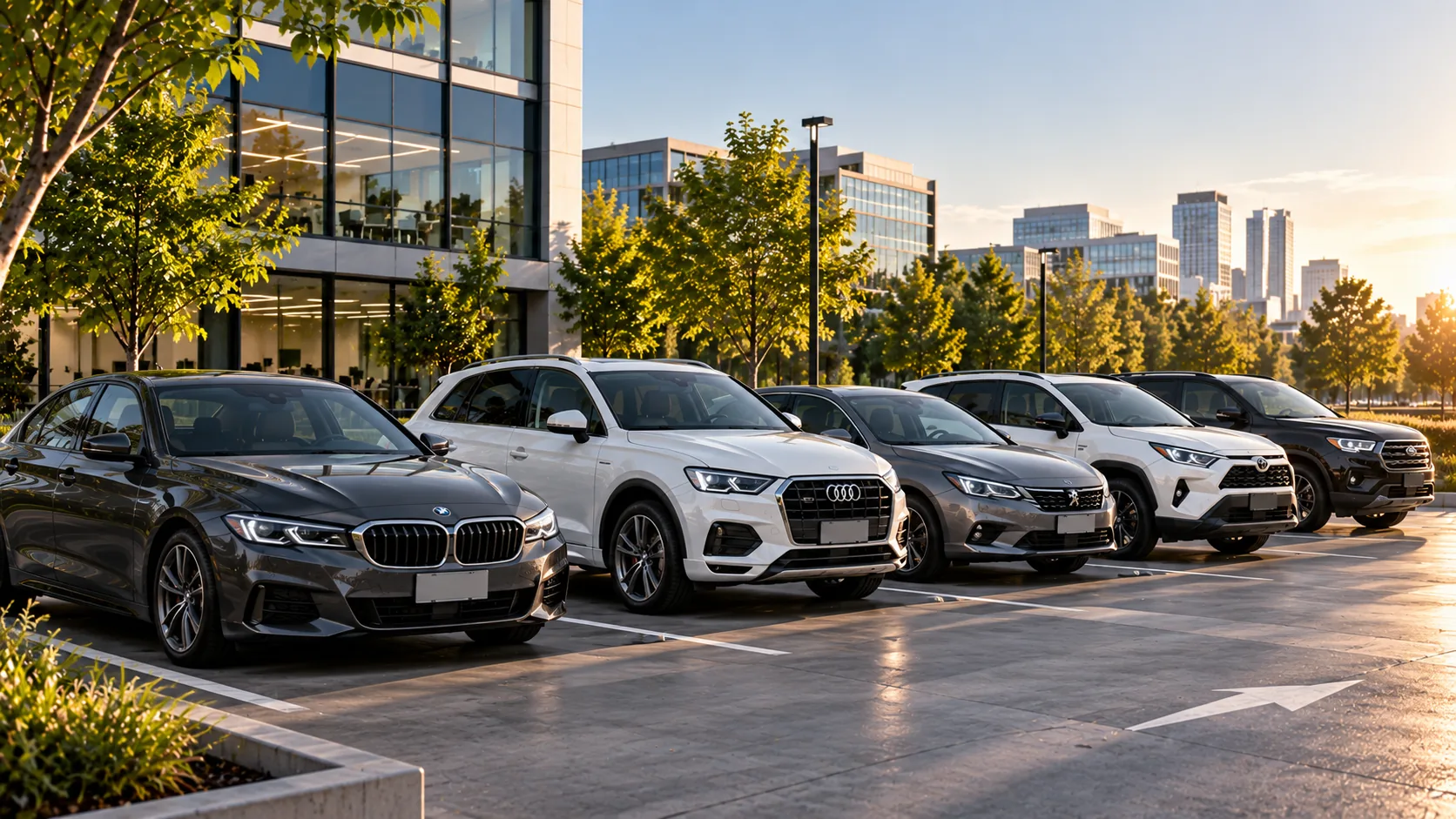 Flota de autos y camionetas corporativas estacionadas en una oficina