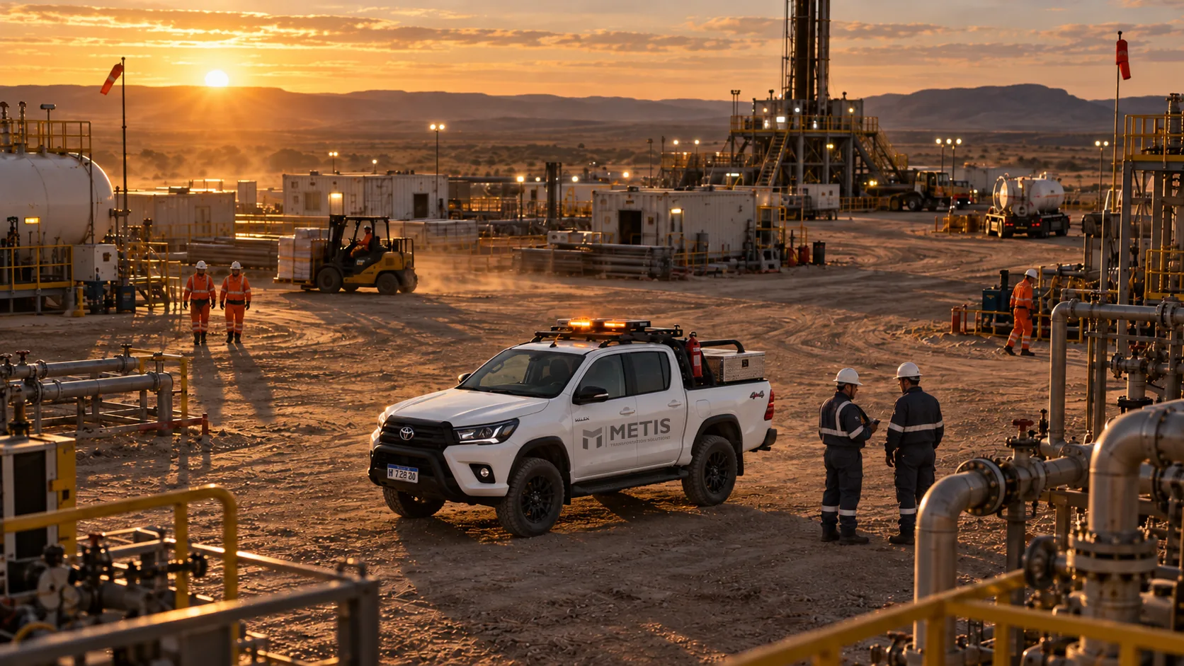 Camioneta de METIS en un yacimiento de petróleo y gas al atardecer