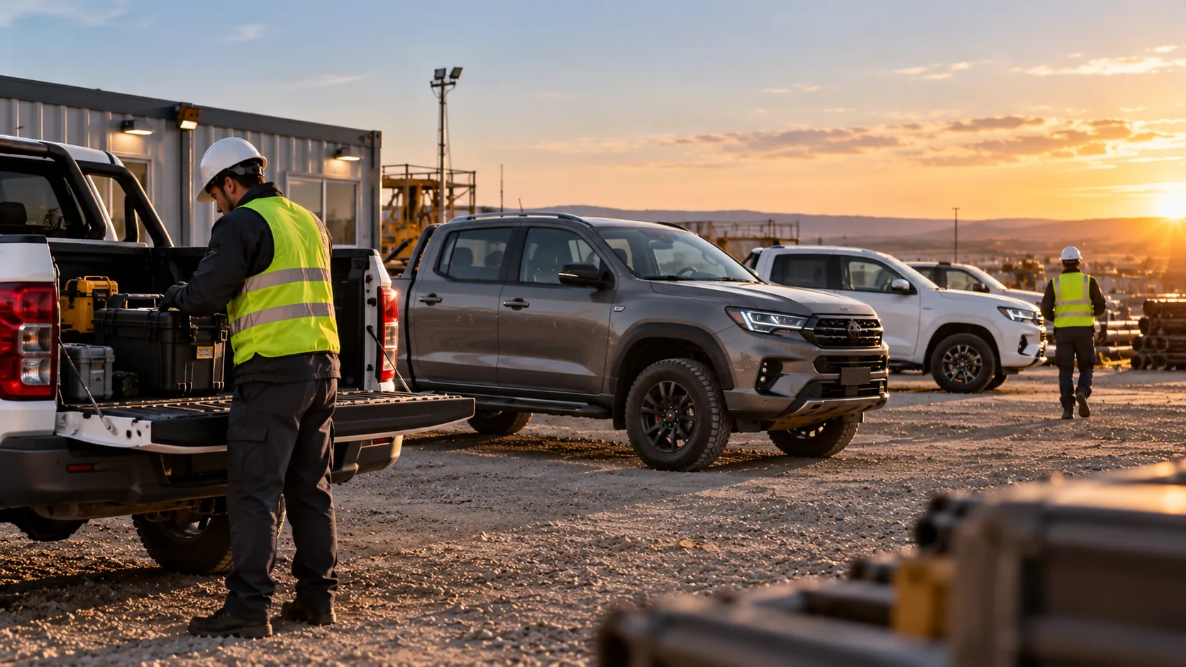 Camionetas 4x4 de una empresa de servicios cargando equipos en el yacimiento