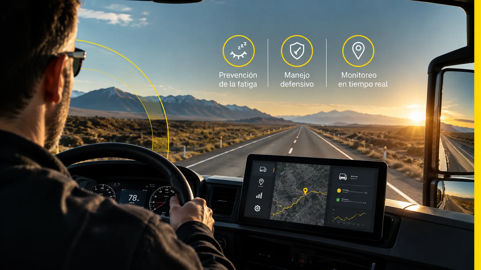 Conductor al volante en ruta con panel de monitoreo de flota
