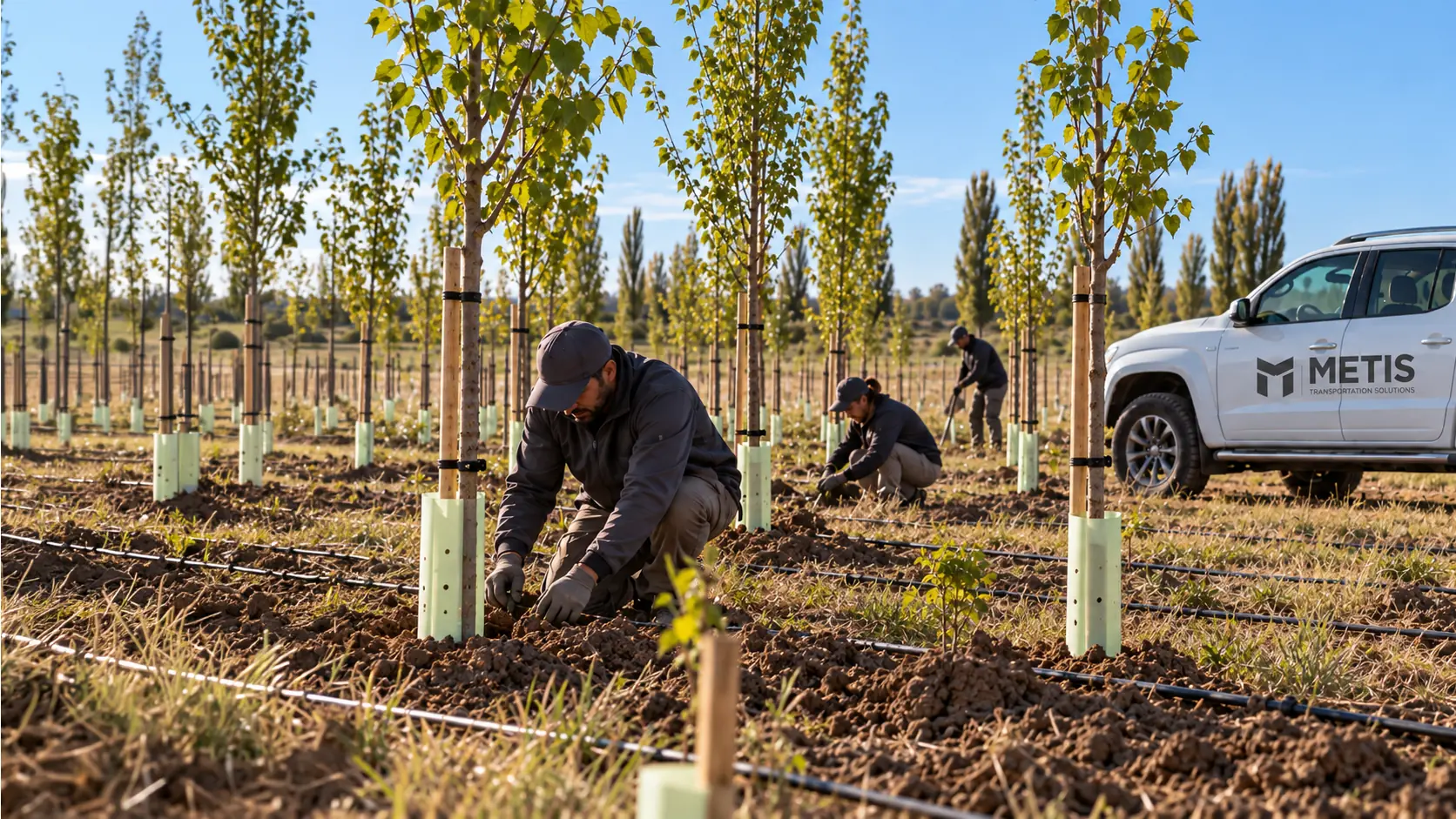 Equipo de METIS plantando árboles junto a una camioneta de la empresa