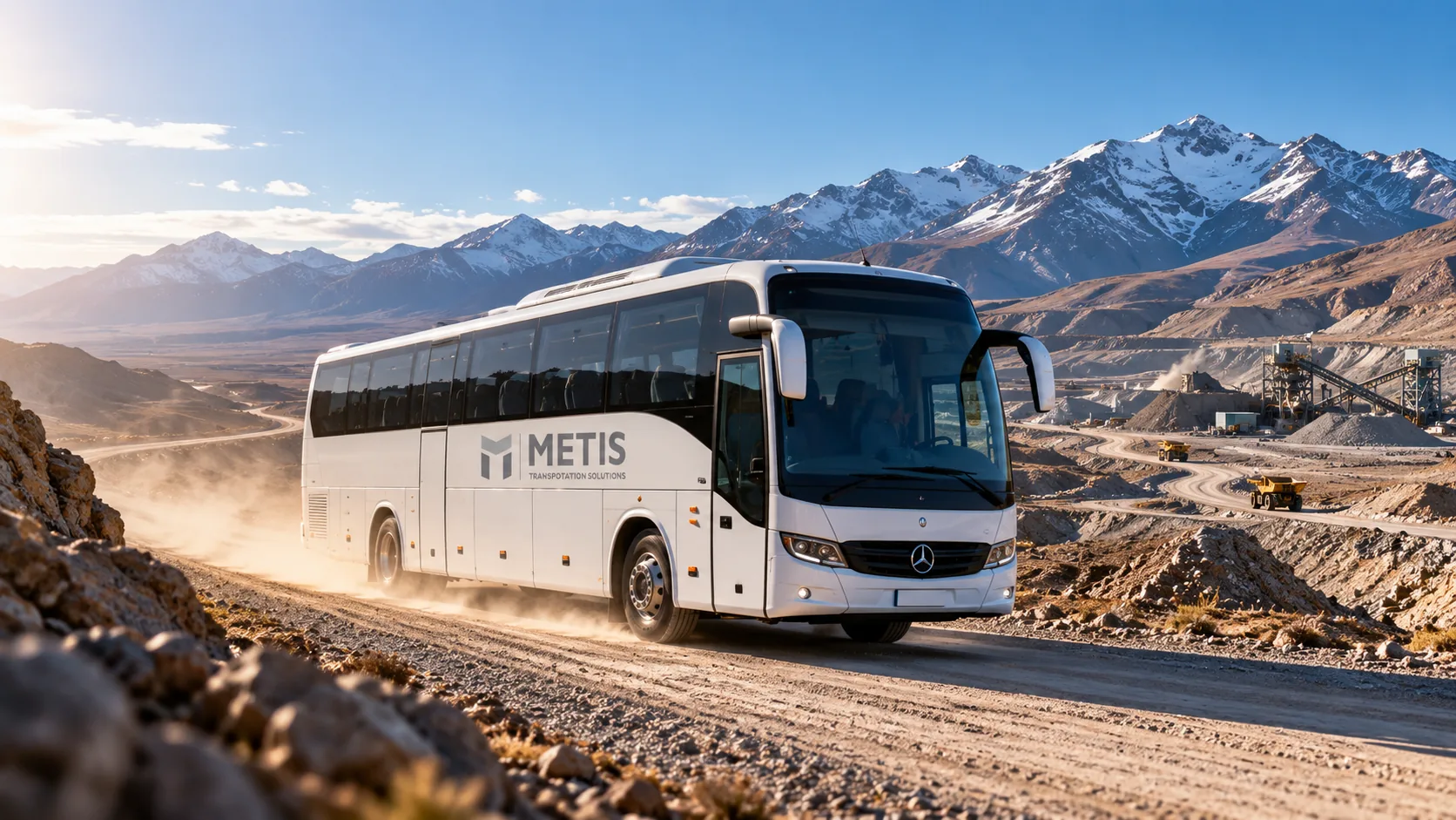 Micro de METIS en un camino de ripio de cordillera rumbo a una mina